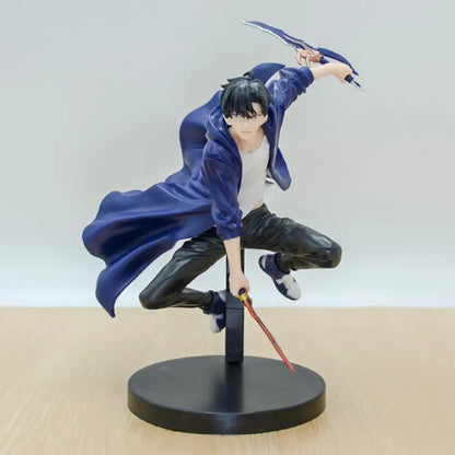 Solo leveling sung jinwoo pvc figure in blue hooded outfit holding two swords in dynamic pose on circular base