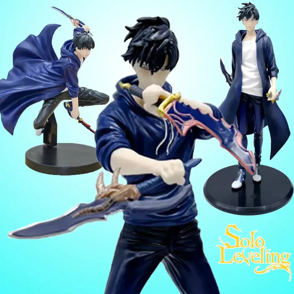 Solo leveling sung jinwoo pvc figure featuring blue hooded action poses holding detailed swords with gold accents