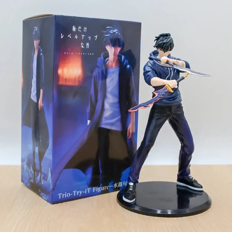 Solo leveling sung jinwoo pvc figure in dark blue hoodie and pants holding sword with orange accents on black base