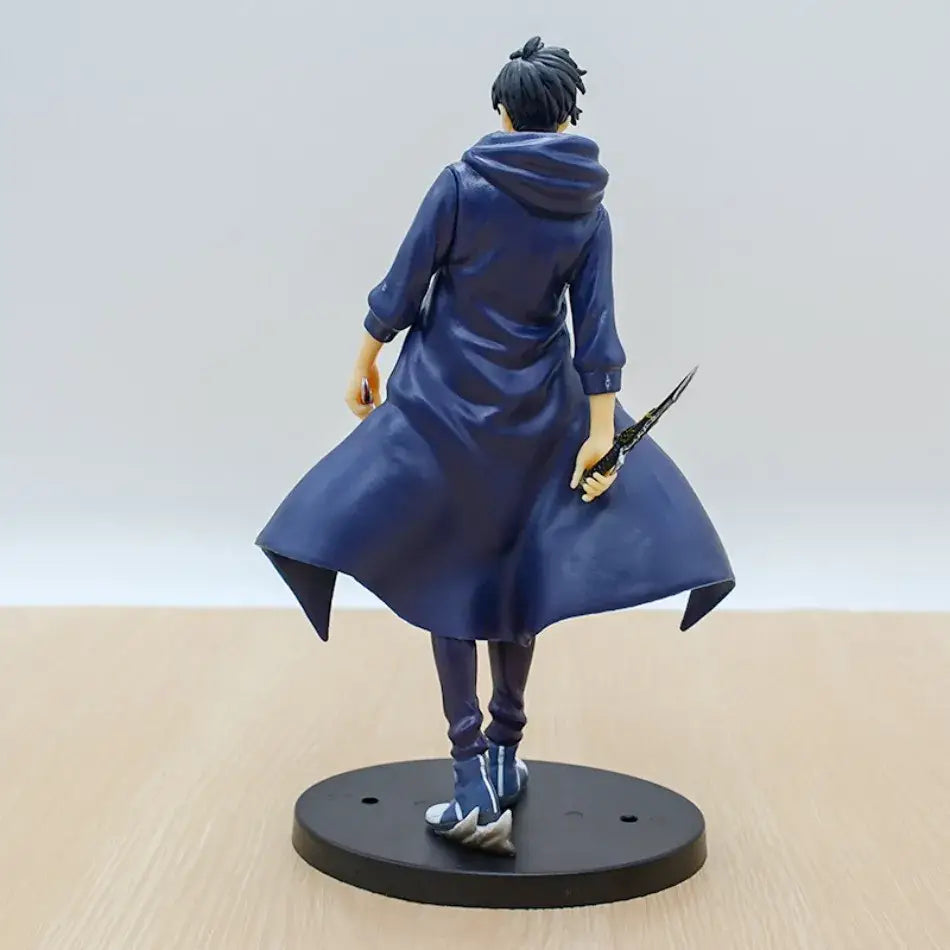 Dark blue hooded solo leveling sung jinwoo pvc figure holding knife with black hair collectible model