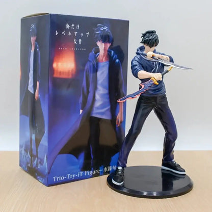 Solo leveling sung jinwoo pvc figure of a dark blue hoodie and pants figure holding a sword on a black base