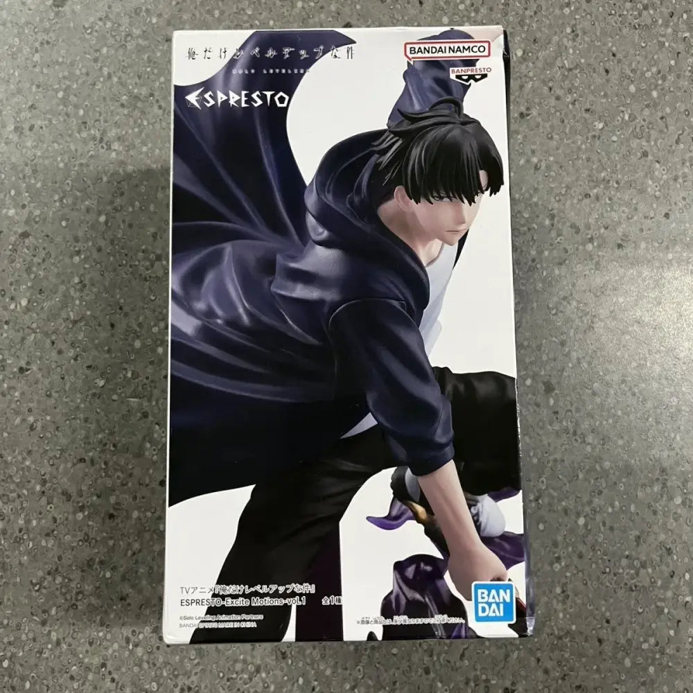 Black and white solo leveling sung jinwoo pvc figurine by bandai namco in a dynamic pose collectible statue