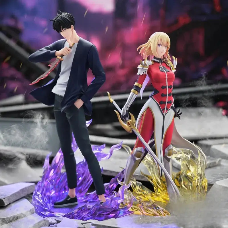 Anime-style solo leveling sung jinwoo pvc figurine and armored character with purple and gold energy effects