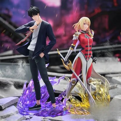 Anime-style solo leveling sung jinwoo pvc figurine and armored character with purple and gold energy effects