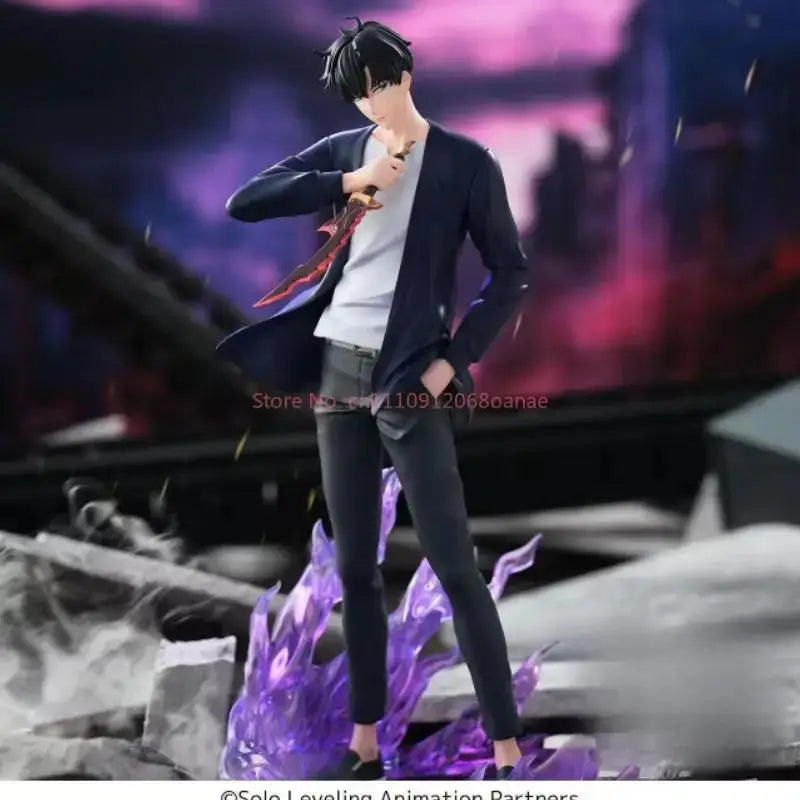 Solo leveling sung jinwoo pvc figurine in navy blazer holding red-bladed sword with purple energy effects at feet