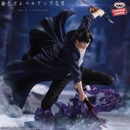 Black and purple detailed solo leveling sung jinwoo pvc figurine in dynamic combat pose with dual swords by sanrio crane game