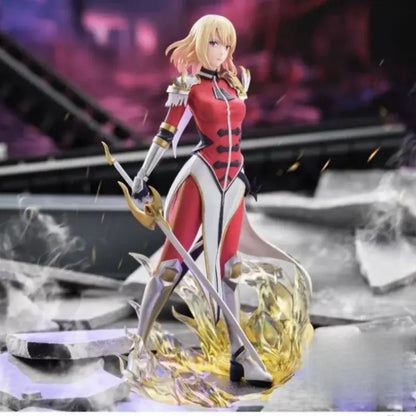 Solo leveling sung jinwoo pvc figurine in red white armor with gold accents holding sword amid golden energy effects