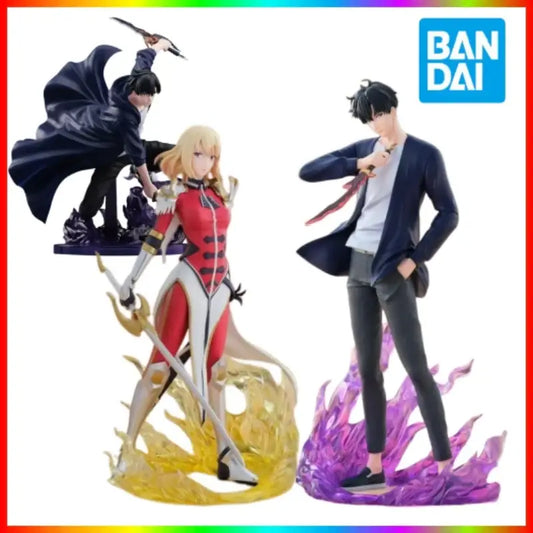 Three detailed anime pvc figurines from bandai featuring solo leveling sung jinwoo and armored warriors in dynamic poses