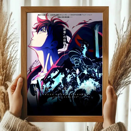 A framed solo leveling sung jinwoo wall art poster featuring a red-haired character in blue and black armor