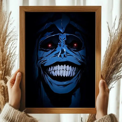 A framed solo leveling sung jinwoo wall art poster featuring a blue-skinned hooded figure with glowing red eyes
