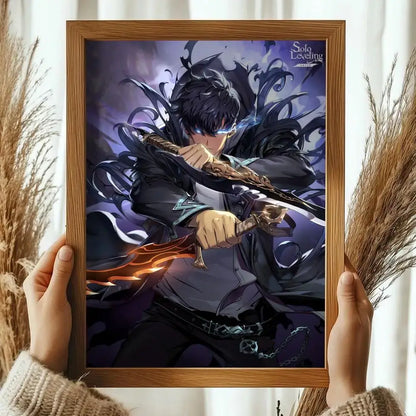 Wooden framed solo leveling sung jinwoo wall art poster with glowing orange sword and dark hair on purple background
