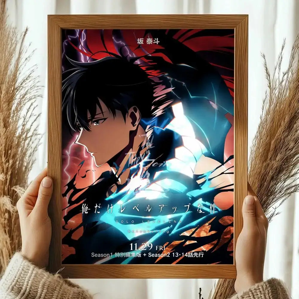 Framed solo leveling sung jinwoo wall art poster featuring dark-haired character with blue and red energy effects