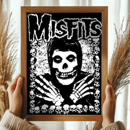 A framed black-and-white misfits skull design in a wooden frame solo leveling sung jinwoo wall art poster