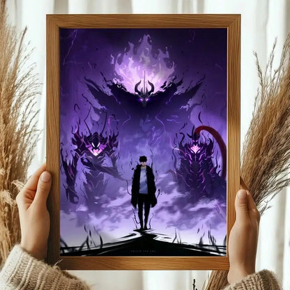 Framed solo leveling sung jinwoo wall art poster featuring a lone figure with purple demonic creatures in a wooden frame