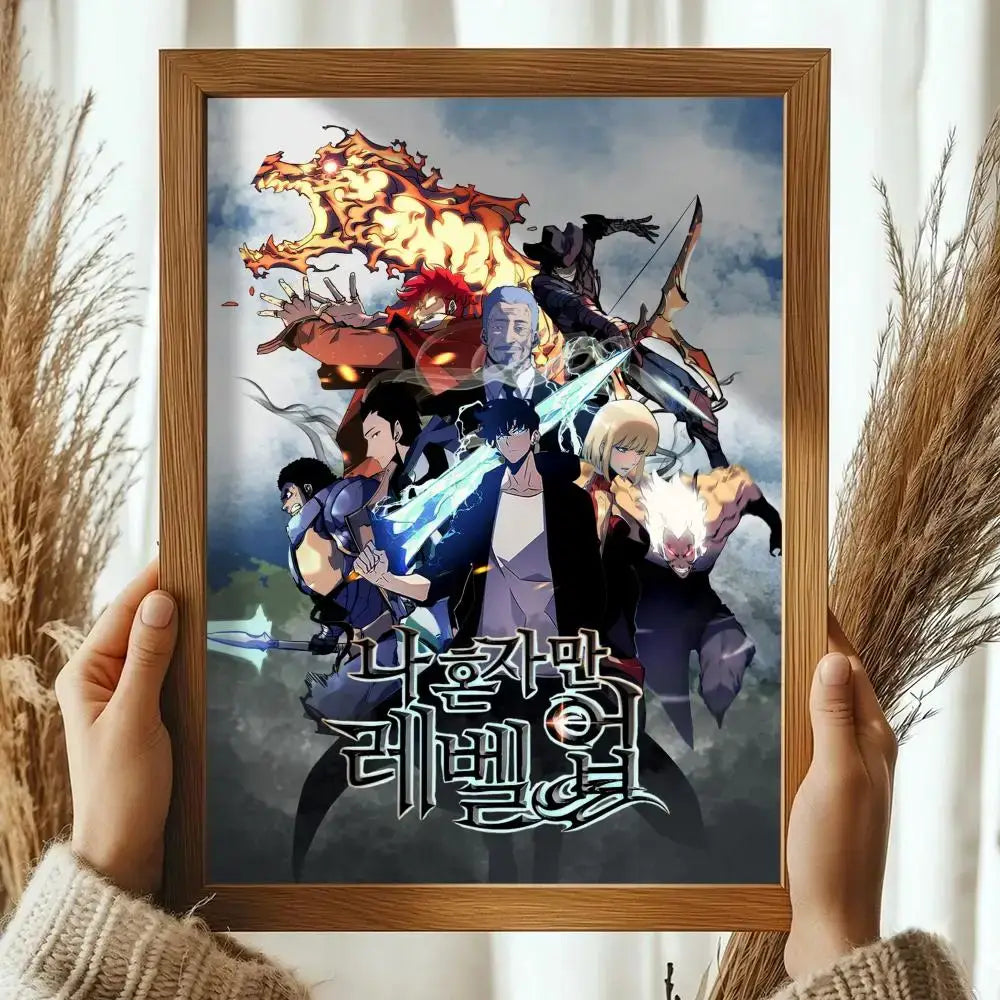 Wooden-framed solo leveling sung jinwoo wall art poster with vibrant korean anime characters and stylized lettering