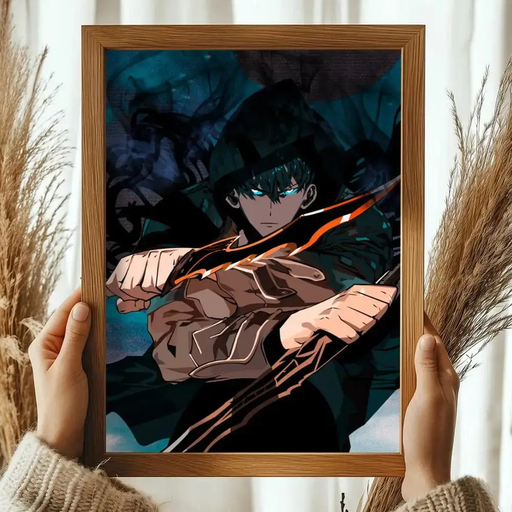 A framed solo leveling sung jinwoo wall art poster with glowing blue eyes and orange black weapon on teal background