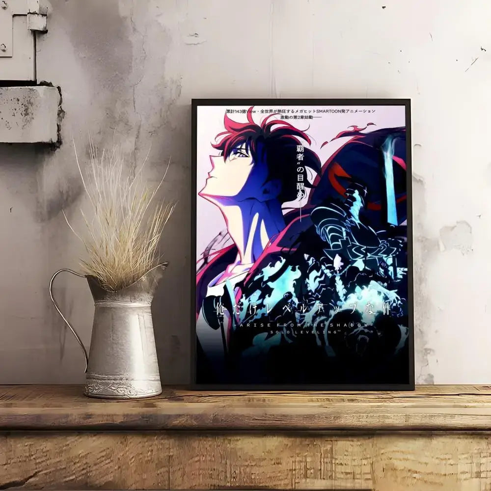 A framed solo leveling sung jinwoo wall art poster featuring vibrant red hair and dynamic blue-purple shading