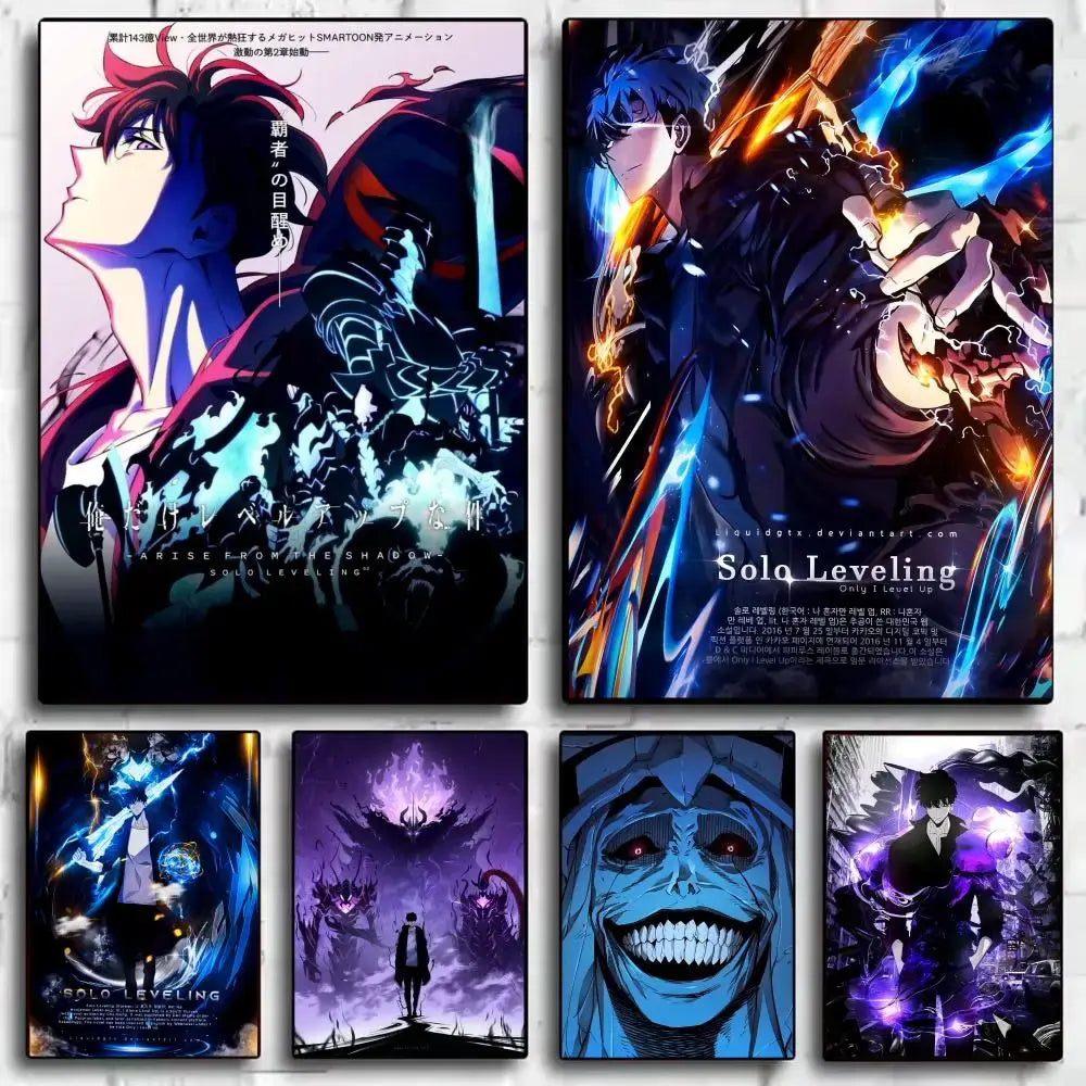 Solo leveling sung jinwoo wall art poster featuring dynamic characters with glowing blue and orange energy effects