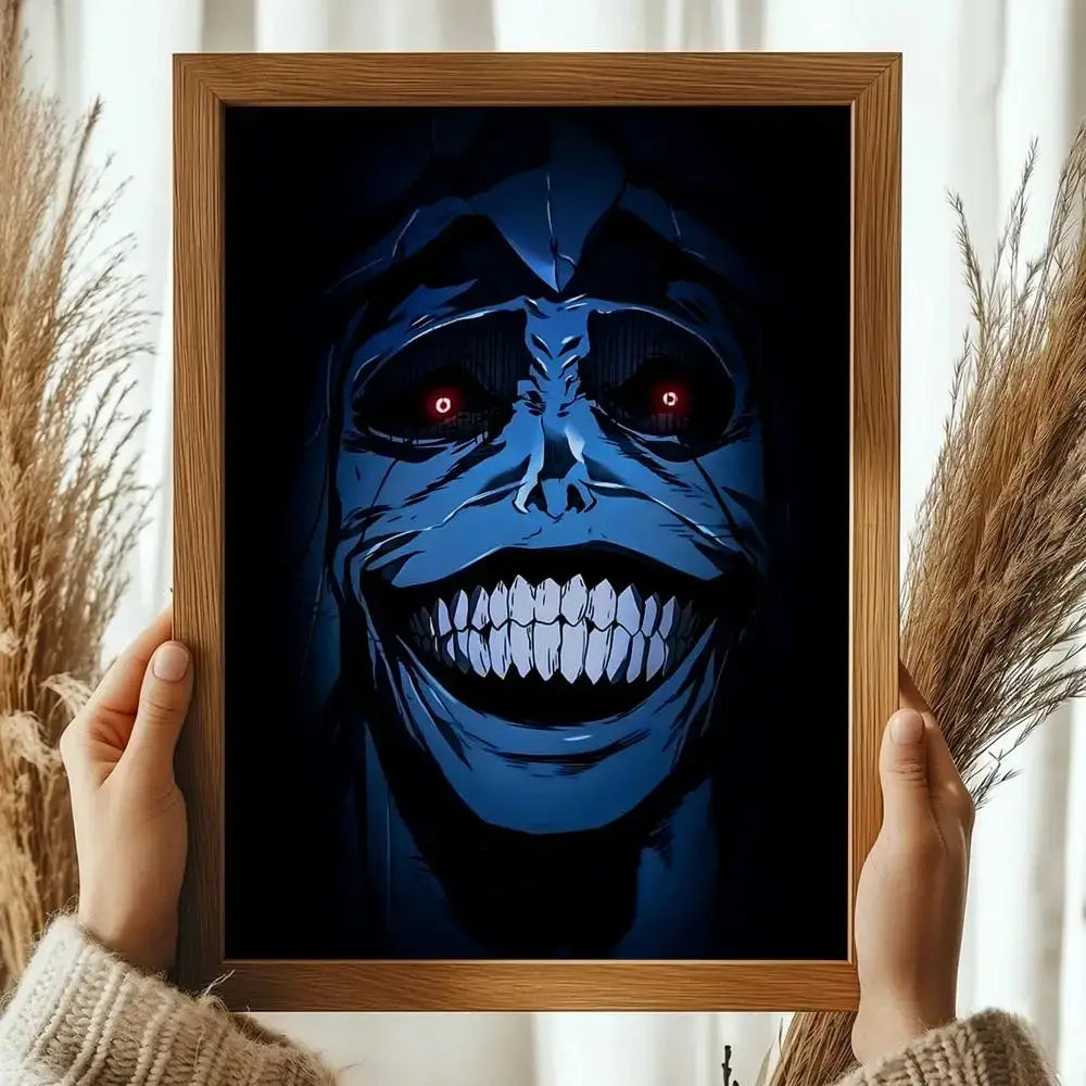 A framed solo leveling sung jinwoo wall poster featuring a blue-skinned hooded figure with glowing red eyes decorative print