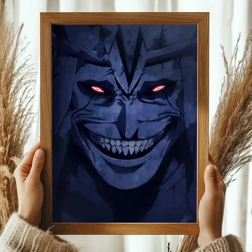 A framed solo leveling sung jinwoo wall poster featuring a dark blue-skinned character with glowing red eyes decorative print