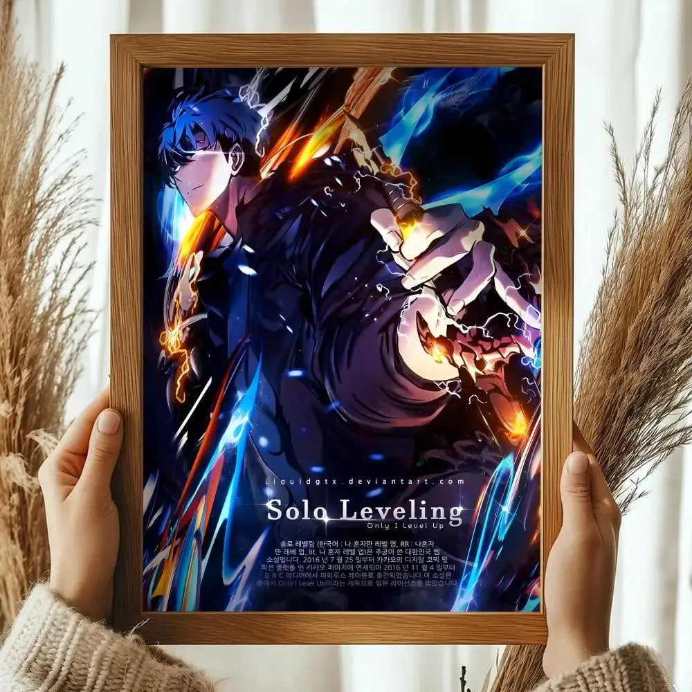 Wooden-framed solo leveling sung jinwoo wall poster with blue hair character and glowing energy decorative print