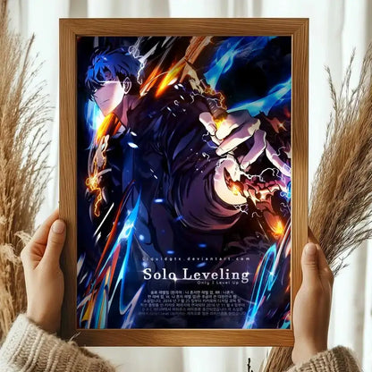 Wooden-framed solo leveling sung jinwoo wall poster with blue hair character and glowing energy decorative print