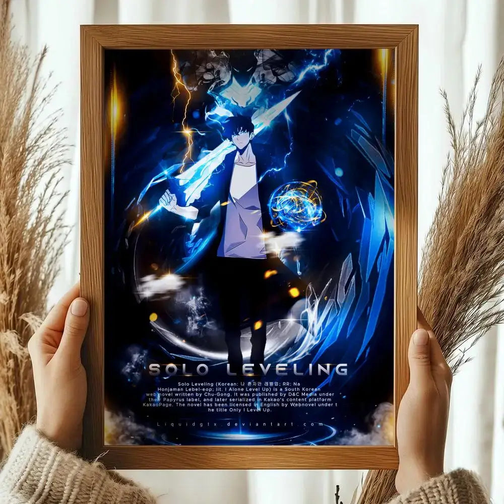 A framed solo leveling sung jinwoo wall poster featuring dynamic action with glowing blue energy in a wooden frame decorative print