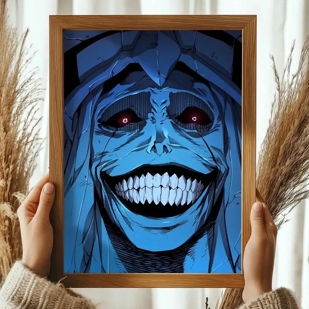 Blue anime character portrait in wooden frame decorative print for sung jinwoo wall poster solo leveling artwork