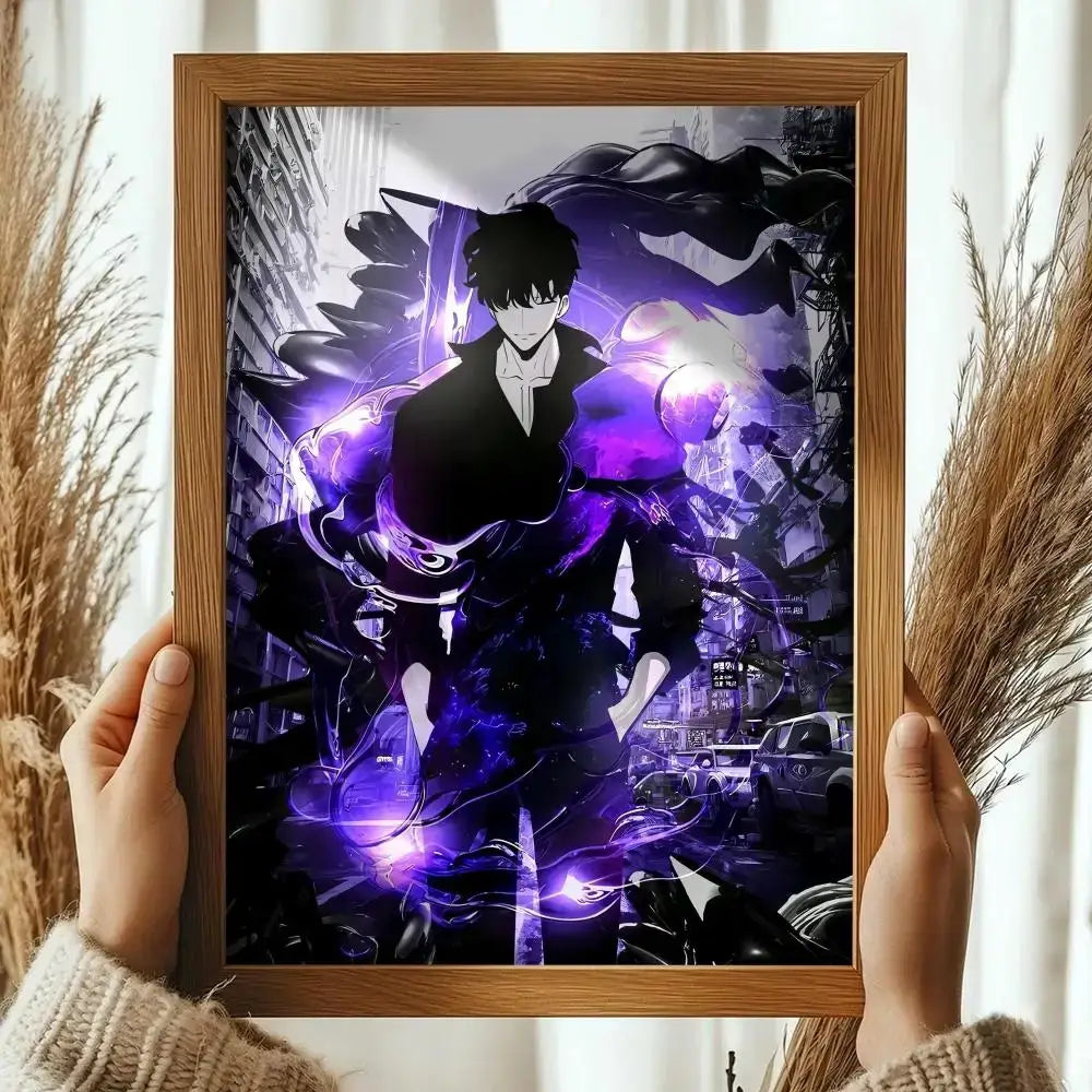 A Solo Leveling Sung Jinwoo wall poster decorative print with dark attire and purple energy in a light brown wooden frame