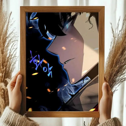 A framed solo leveling sung jinwoo wall poster with dark hair character and glowing blue text decorative print