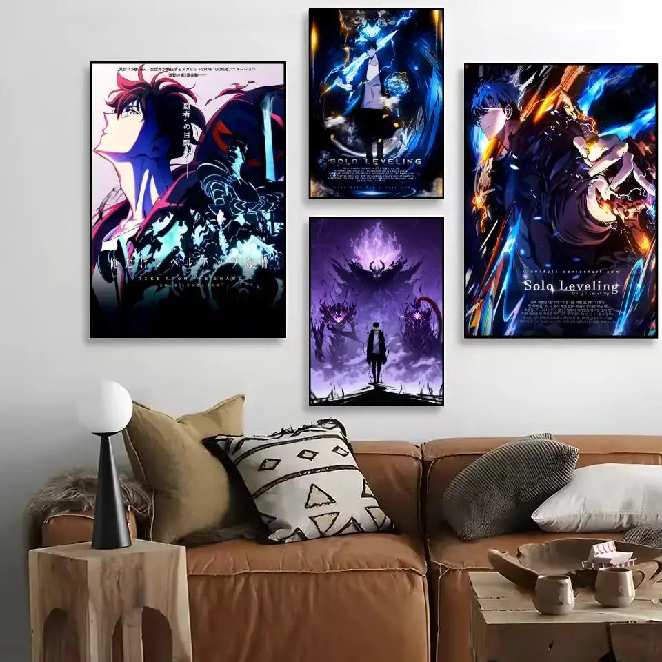 Four framed solo leveling sung jinwoo wall posters with vibrant blue purple and orange decorative print artwork
