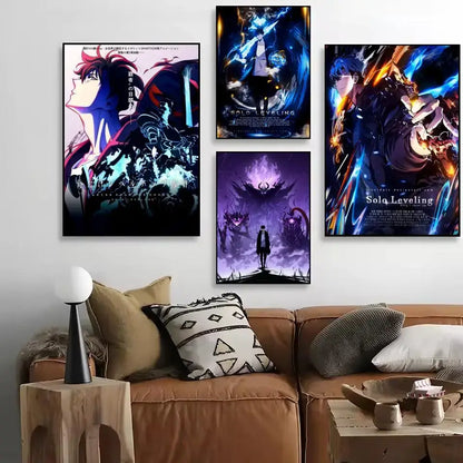 Four framed solo leveling sung jinwoo wall posters with vibrant blue purple and orange decorative print artwork