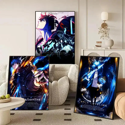 Three framed solo leveling decorative print posters featuring sung jinwoo wall poster with vibrant blue and orange effects