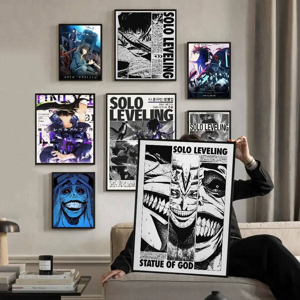 Black-and-white solo leveling whitepaper wall sticker with split-face statue of god design for living room decor