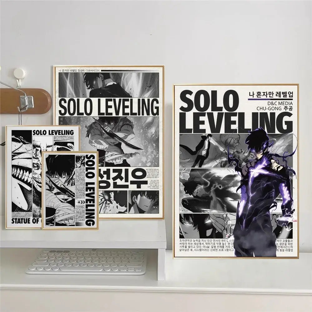 Black and white solo leveling whitepaper wall sticker with bold lettering framed in light wood for living room decor