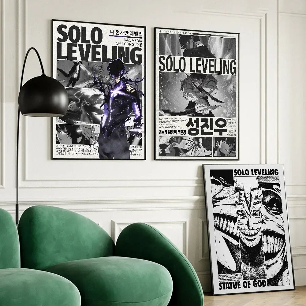 Black and white solo leveling whitepaper wall sticker with bold typography and dynamic korean character art for living room decor