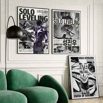 Black and white solo leveling whitepaper wall sticker with bold typography and dynamic characters for living room decor