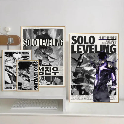 Black and white solo leveling whitepaper wall sticker framed in light wood perfect for living room decor