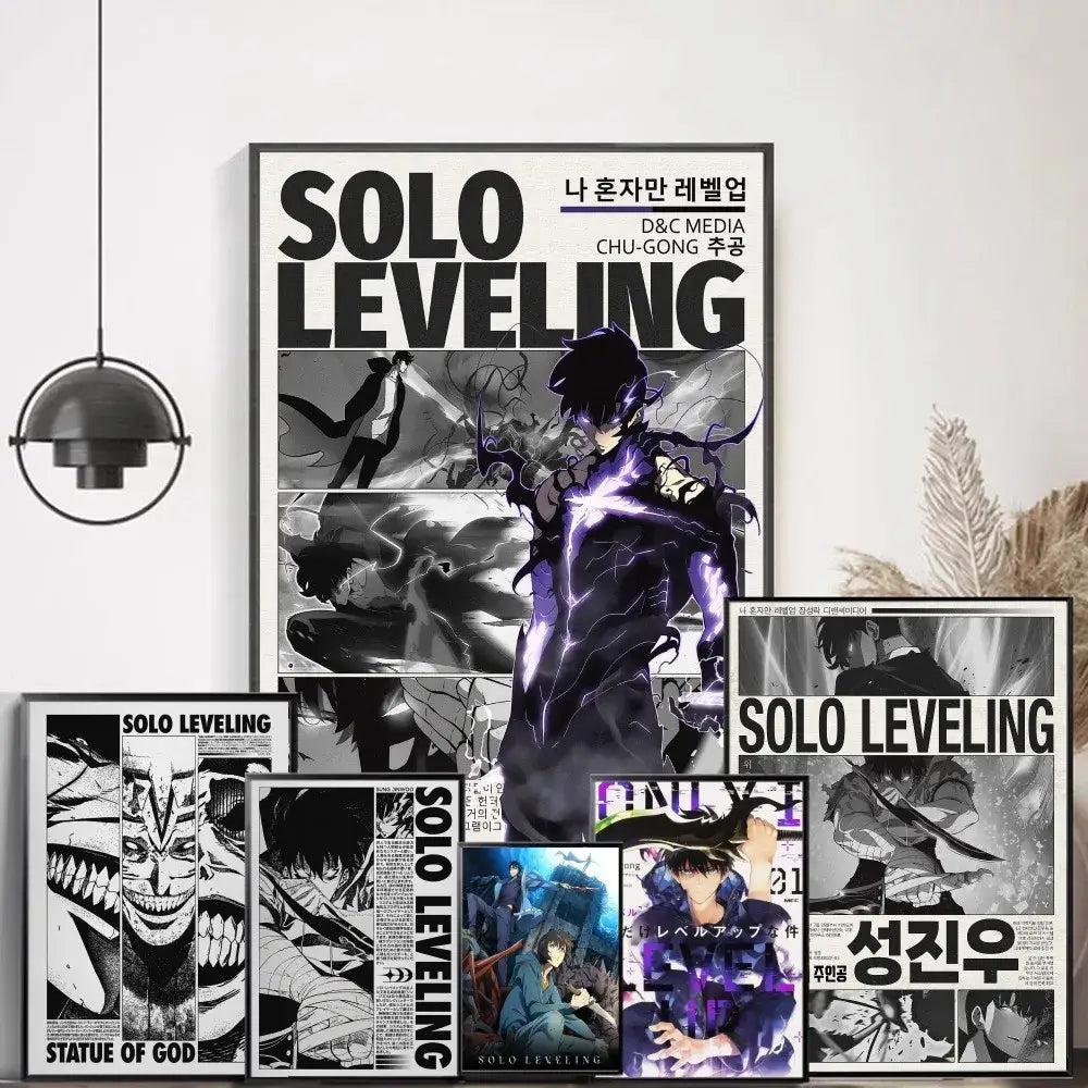 Black and white solo leveling whitepaper wall sticker featuring central anime character with glowing purple energy panels