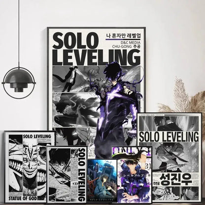 Black and white solo leveling whitepaper wall sticker featuring central anime character with glowing purple energy panels