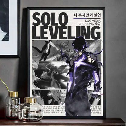 Black-framed solo leveling whitepaper wall sticker with central character in dark attire and glowing purple lightning effects for living room decor
