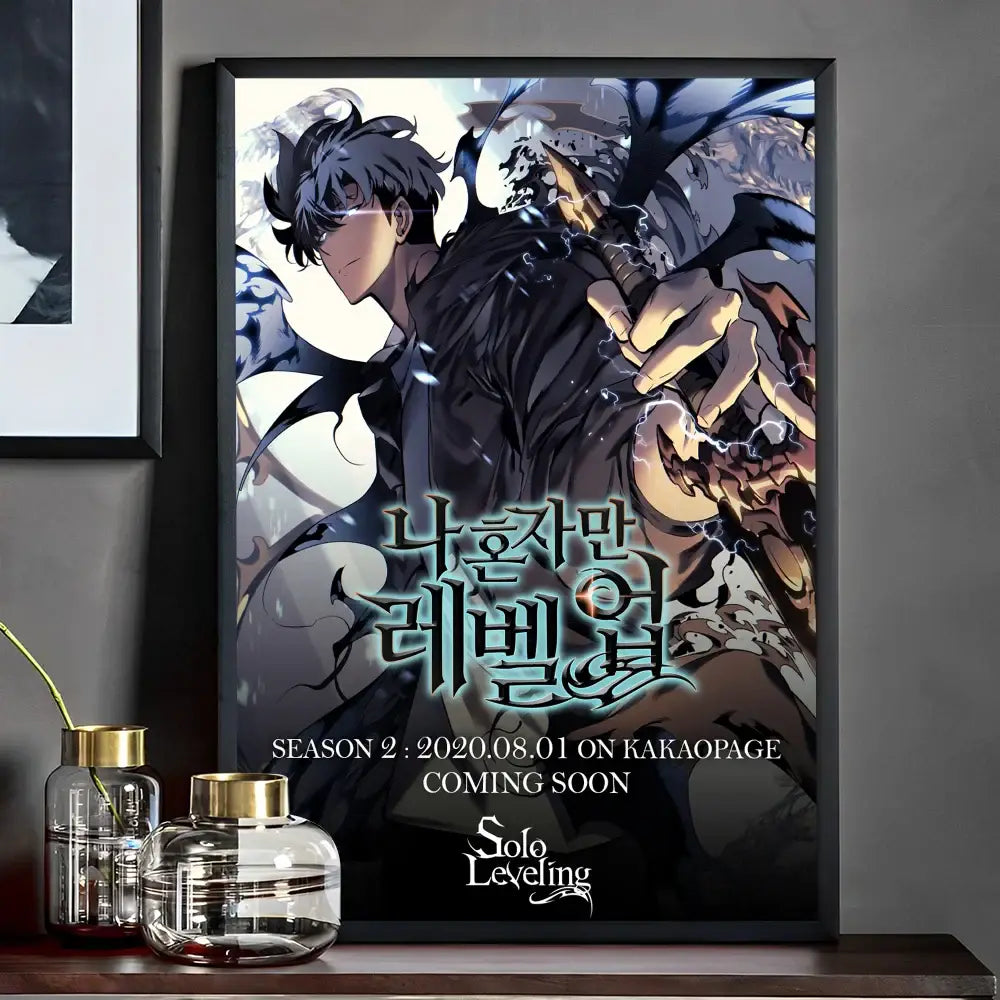 Black-framed solo leveling whitepaper wall sticker featuring dark-haired anime character in blue orange tones for living room decor