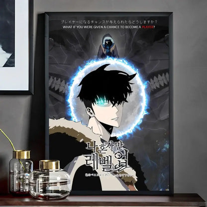 Black-framed solo leveling whitepaper wall sticker with anime character blue eyes white fur collar for living room decor
