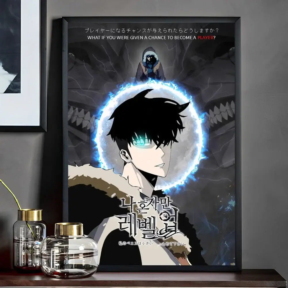 Black-framed solo leveling whitepaper wall sticker featuring anime character with glowing blue eyes and white fur collar