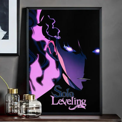 A solo leveling whitepaper wall sticker featuring a framed anime character with glowing purple eyes and pink hair