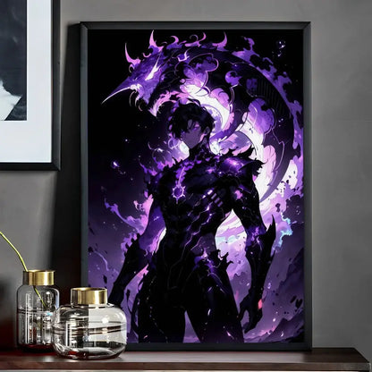 A solo leveling whitepaper wall sticker featuring a dark armored figure with purple energy for living room decor