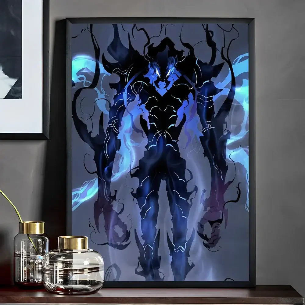 A framed leveling whitepaper wall sticker featuring a dark armored figure with glowing blue energy for living room decor