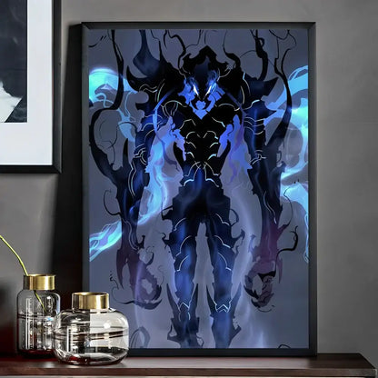 A framed leveling whitepaper wall sticker featuring a dark armored figure with glowing blue energy for living room decor