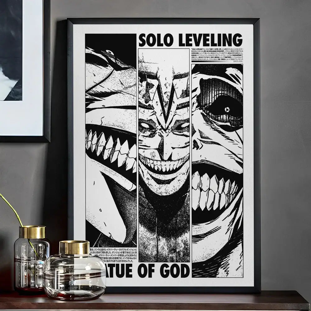 Black and white solo leveling whitepaper wall sticker framed in black with bold comic-style characters for living room decor