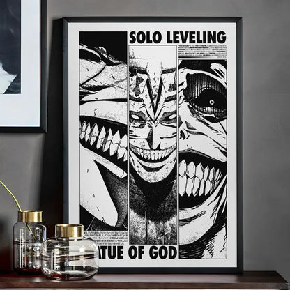 Black and white solo leveling whitepaper wall sticker framed in black with bold comic-style characters for living room decor